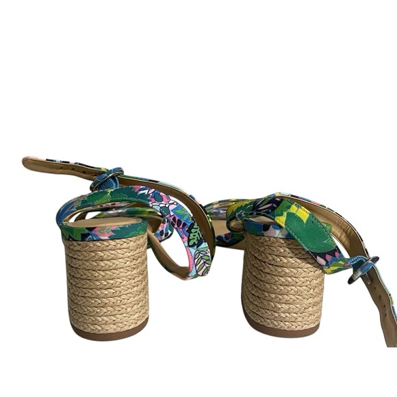 Talbots Siena Rope Floral Green Blue Sandals Women 7.5 Ankle Strap Block Heel - Picture 4 of 16